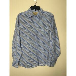 Men’s Medium Y-Chrome Button Down Shirt Blue Brown White Striped Cut 22199